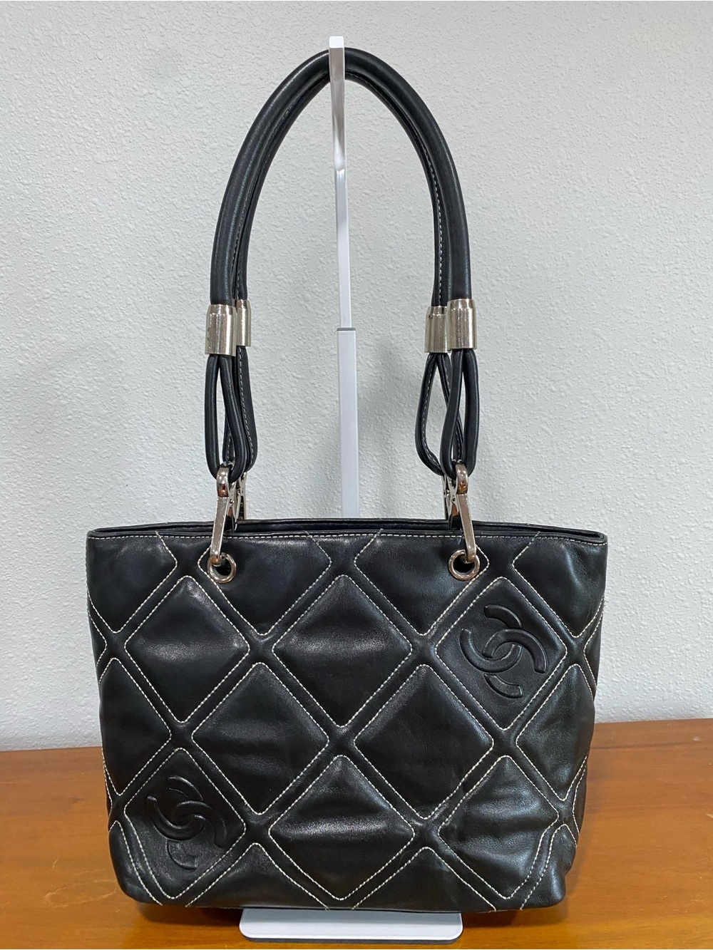 Black Quilted Leather Tote Bag with Double Handles